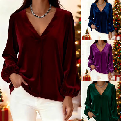 🥰🥰【M-3XL】🌺Bestsellerowy, elegancki i luksusowy T-shirt, złoty aksamitny dekolt w serek, rękawy typu lampion