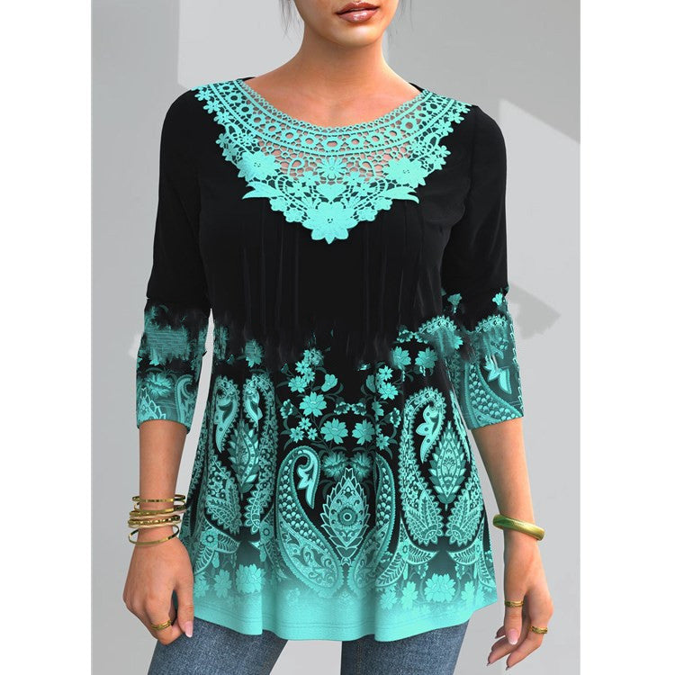 👚💕【S-5XL】Nové dámské módní tričko s dlouhým rukávem a vykrojenou krajkou