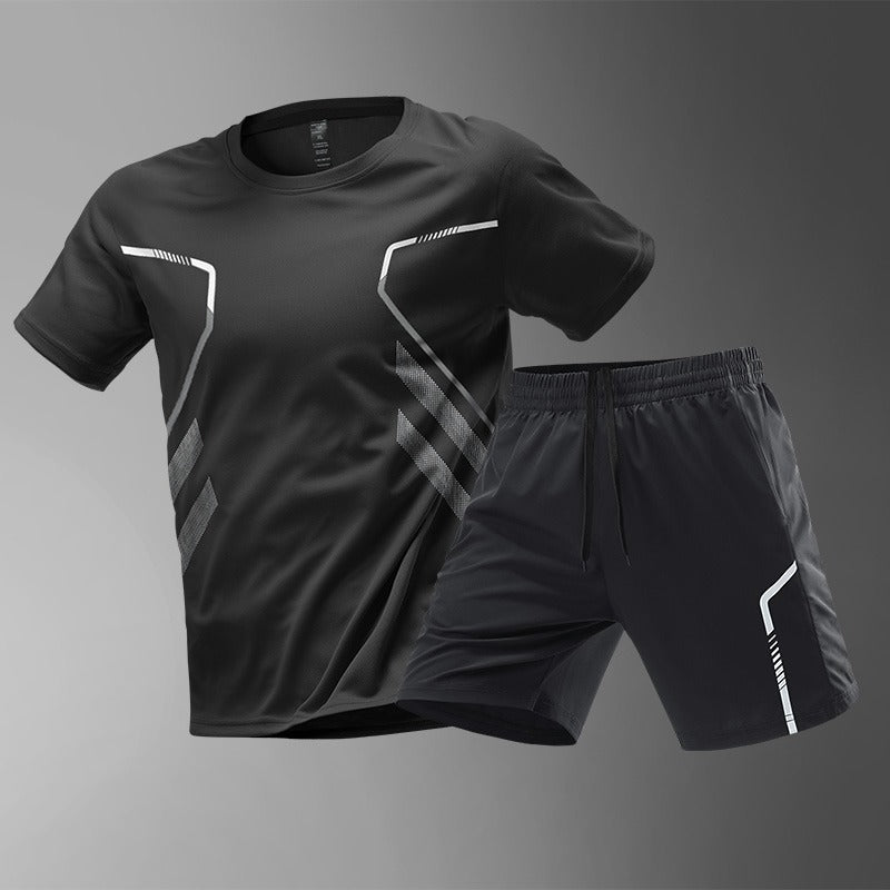 [M-5XL] Męski dwuczęściowy zestaw sportowy z szybkoschnącego materiału typu „ice silk” — wygodna koszulka z krótkim rękawem i szorty