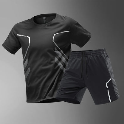 [M-5XL] Męski dwuczęściowy zestaw sportowy z szybkoschnącego materiału typu „ice silk” — wygodna koszulka z krótkim rękawem i szorty