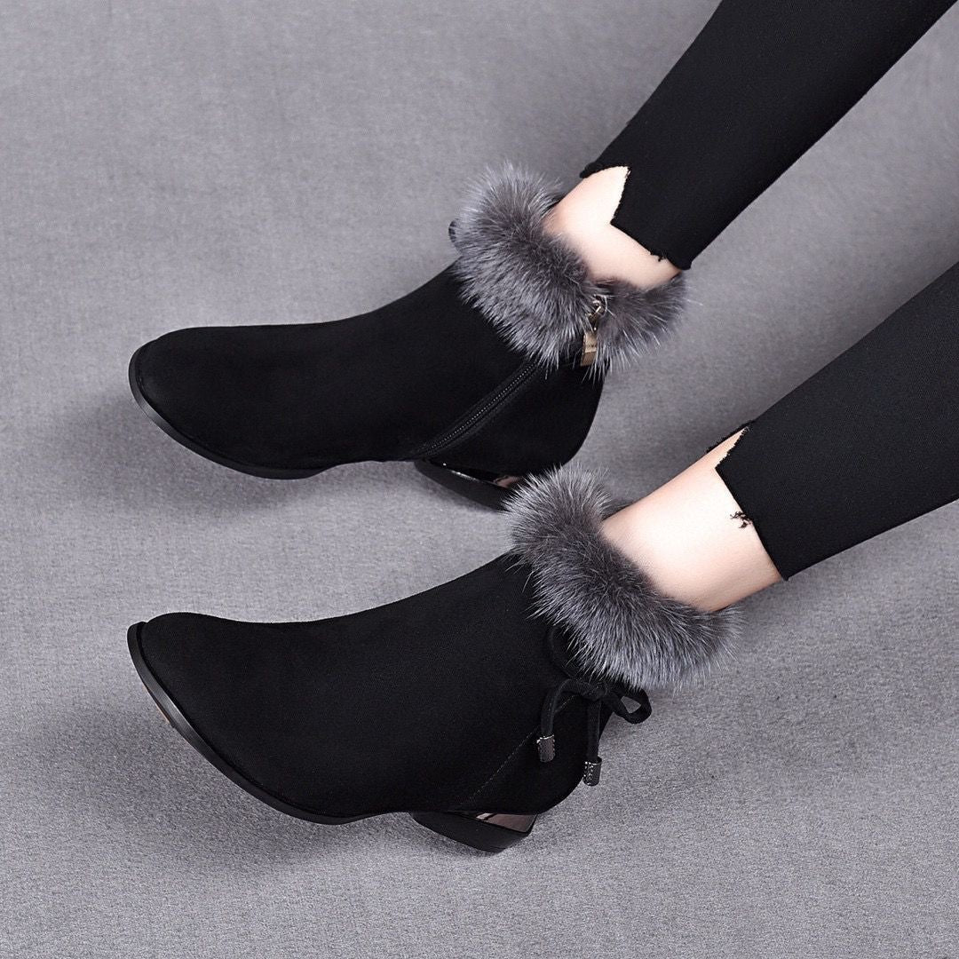😍😍【35-41】Botines de tacón medio para mujer con punta redonda de piel suave negra.