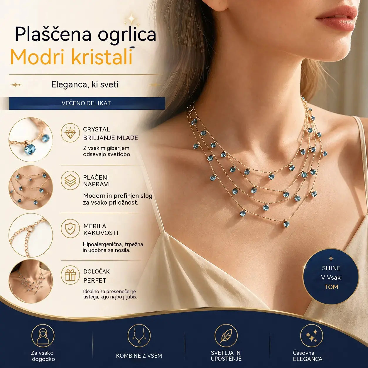 📢📢 50 % popust! ✨ Ženska večplastna ogrlica z bleščečim obeskom v obliki ključnice