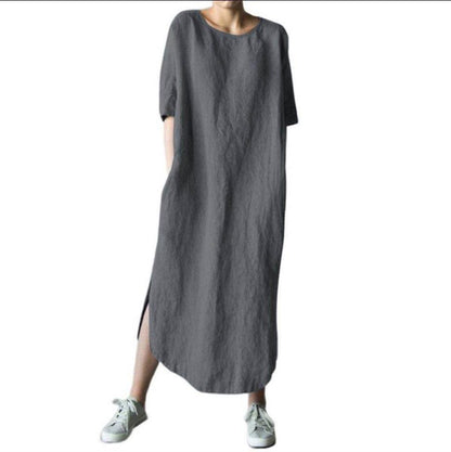 ✨【S-4XL】Damska casualowa sukienka z bawełny i lnu z okrągłym dekoltem, przewiewna i wygodna