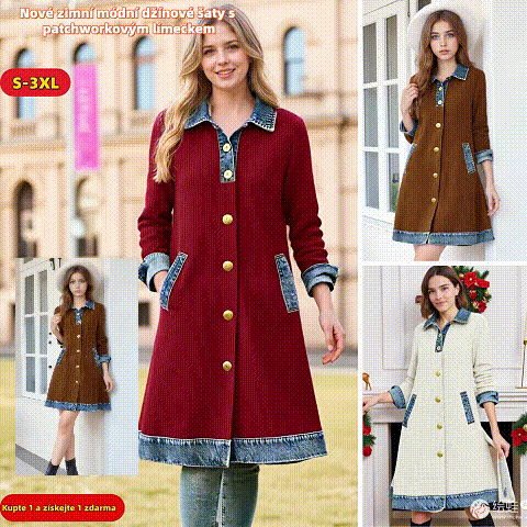 【S-3XL】🌷🌞Nové zimné módne džínsové šaty s patchworkovým golierom