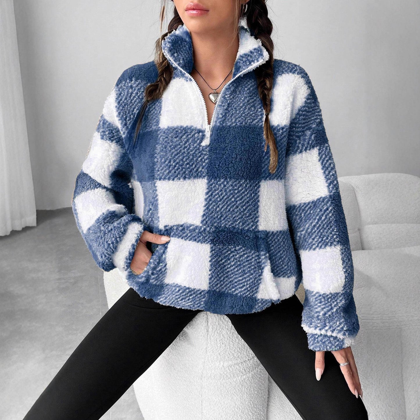 ❄️【S-5XL】 Jesenný/zimný módny krátky kockovaný flísový top s polootvoreným golierom