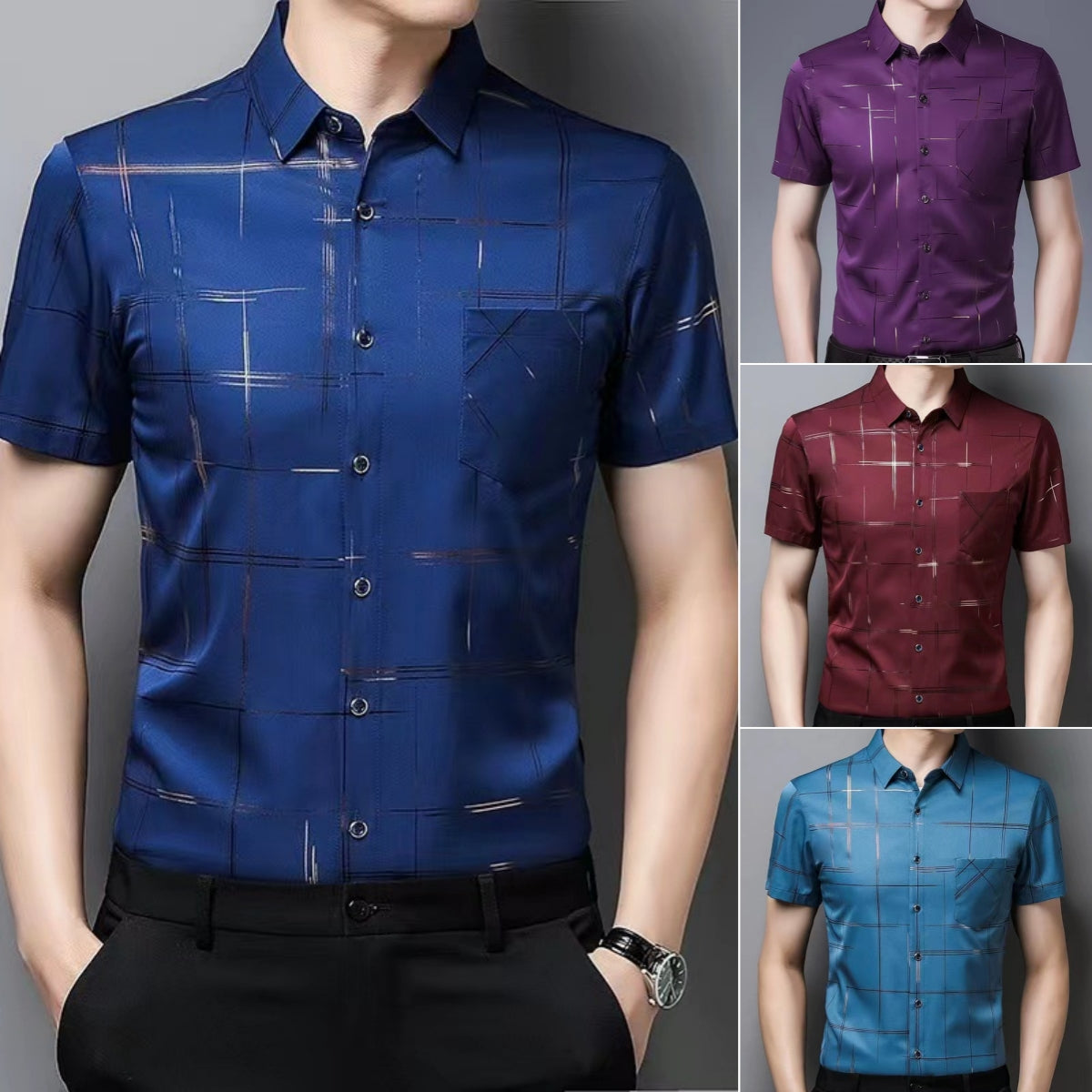 🧊(M-4XL) Letnia koszula męska z krótkim rękawem i kołnierzem ze stójką z lodowego jedwabiu