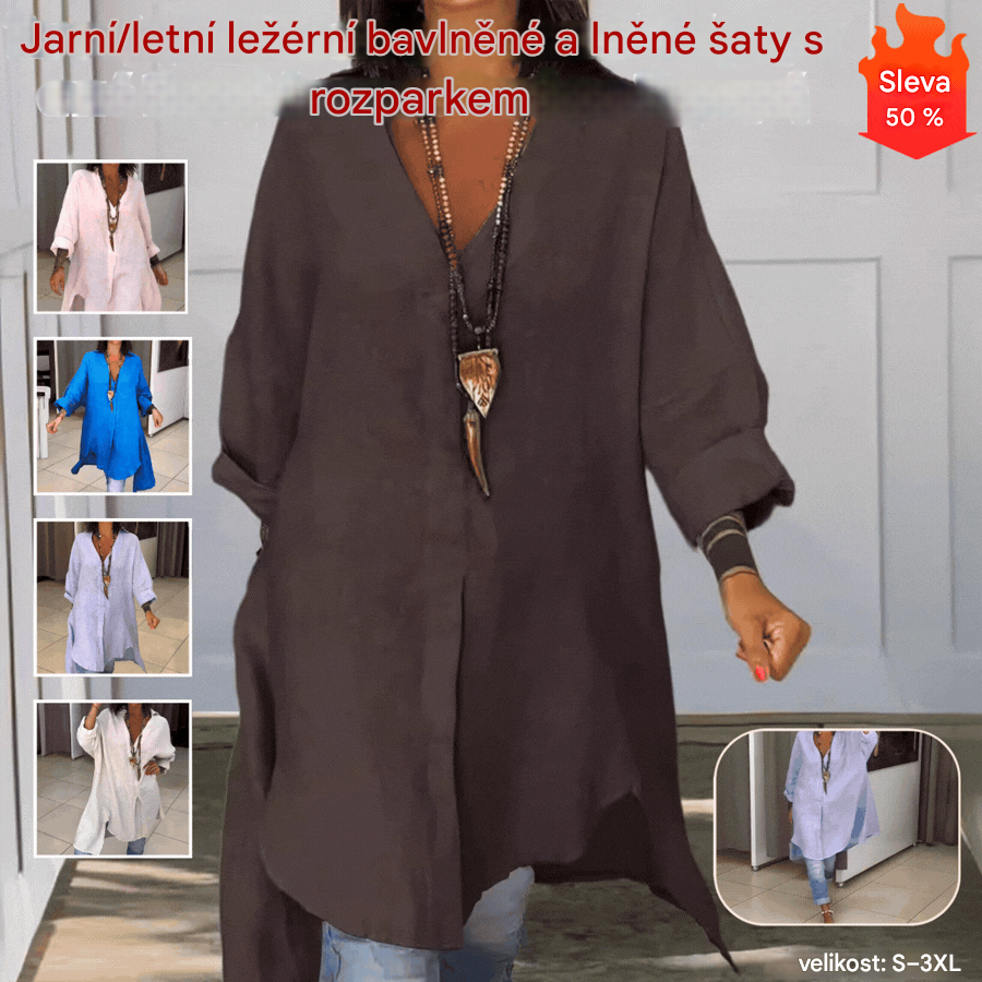 🔥【S-3XL】【40-100KG】👚Jaro/léto, ležérní bavlněné/lněné šaty s rozparkem