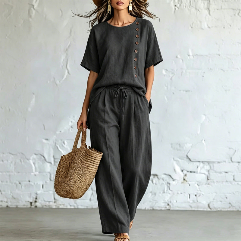 🎨 【Set din tricou + pantaloni largi 】ținută casual modernă din bumbac și in, confortabilă și respirabilă