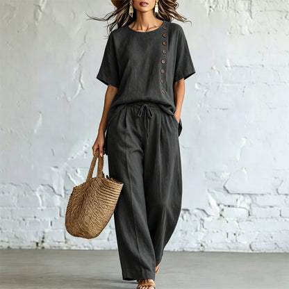 🎨 【Set din tricou + pantaloni largi 】ținută casual modernă din bumbac și in, confortabilă și respirabilă