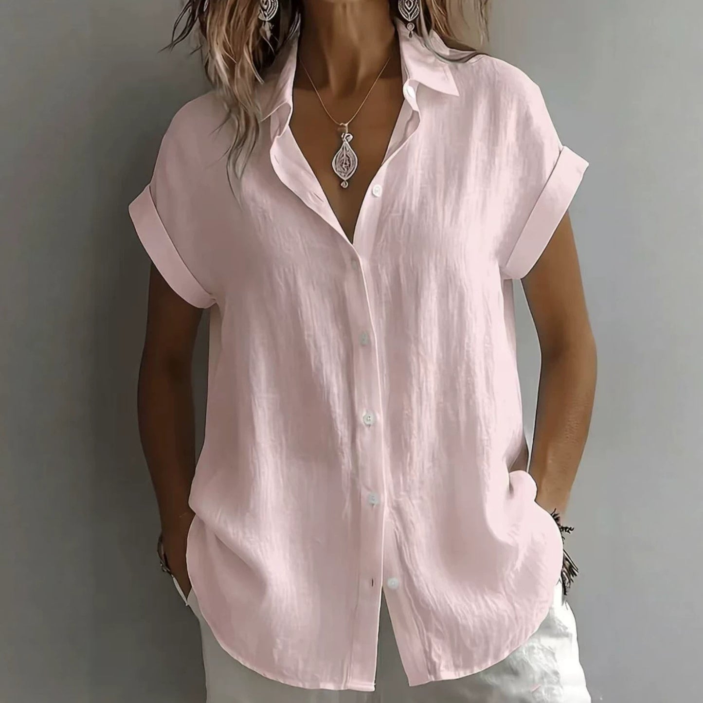 💃 S–2XL, Damska lniana koszula na co dzień z kołnierzykiem i krótkim rękawem