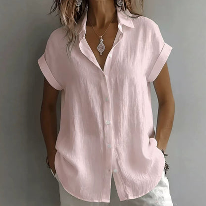 💃 S–2XL, Damska lniana koszula na co dzień z kołnierzykiem i krótkim rękawem