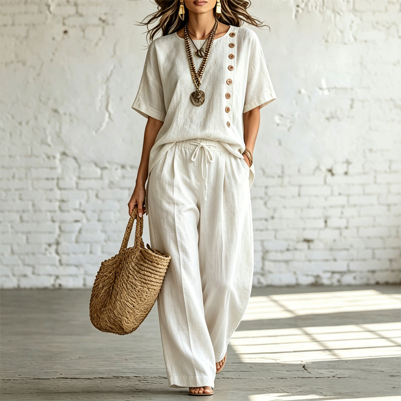 🎨 【Set din tricou + pantaloni largi 】ținută casual modernă din bumbac și in, confortabilă și respirabilă