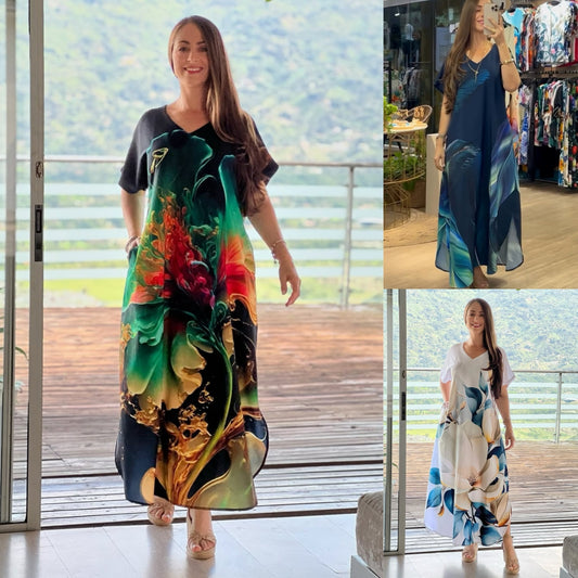 [S-5XL] Rochie vaporoasă cu imprimeu, din bumbac și mătase naturală – Elegantă, lejeră și avantajoasă pentru siluetă
