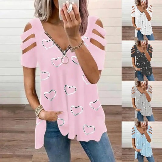🔥【S-5XL】Poletna majica z zadrgo in V-izrezom, potiskom ljubezni
