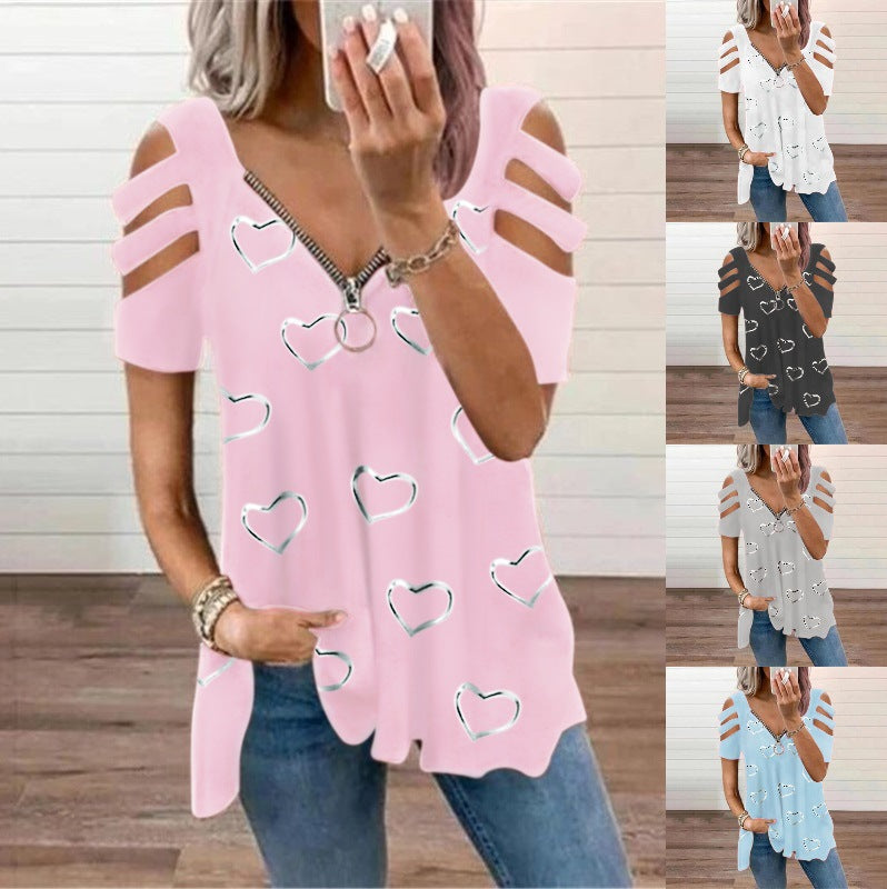 🔥【S-5XL】Nyári pop-up V-nyakú szerelem nyomtatás cipzáras alkalmi póló