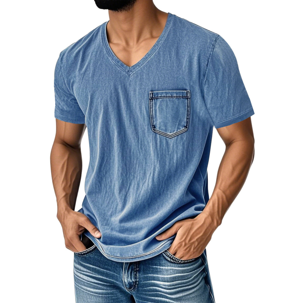 👔 50% kedvezmény 🔥 [40–120 kg] Férfi laza, bő szabású farmer póló — V-nyakú, rövid ujjú ✅ Utánvétes fizetés lehetséges ✅ Vásároljon 2-t, és 30% kedvezményt kap