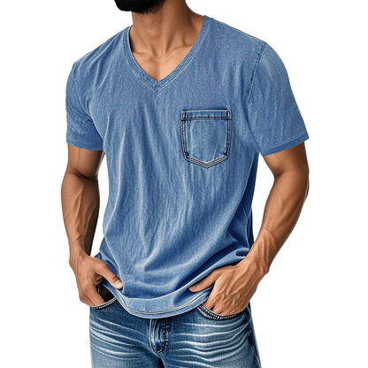 👔 50% kedvezmény 🔥 [40–120 kg] Férfi laza, bő szabású farmer póló — V-nyakú, rövid ujjú ✅ Utánvétes fizetés lehetséges ✅ Vásároljon 2-t, és 30% kedvezményt kap