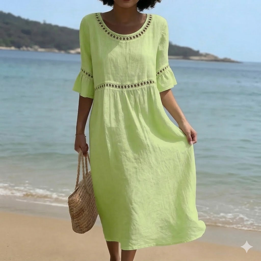✨【S–3XL】Ženska obleka slim kroja iz bombaža in lana, okrogel izrez, napihnjeni rokavi, zračna in mehka, udobna za nošenje
