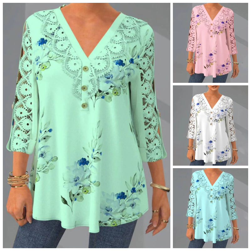 🔥【M–5XL】Elegáns csipke és sifon blúz – kivágott, 3/4-es ujjú és V-nyakú fazon