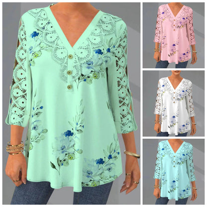 🔥【M–5XL】Elegáns csipke és sifon blúz – kivágott, 3/4-es ujjú és V-nyakú fazon