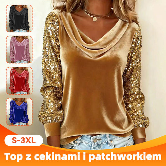 🔥【S-3XL】Damska Modna Bluzka z Weluru, Złożonym Kołnierzykiem, Połączona z Strysami, Długim Rękawem