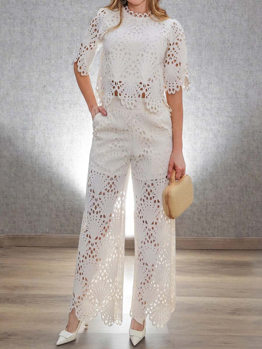 🍃【S-3XL】👚👖Costum din dantelă cu mâneci petale brodate și scobite