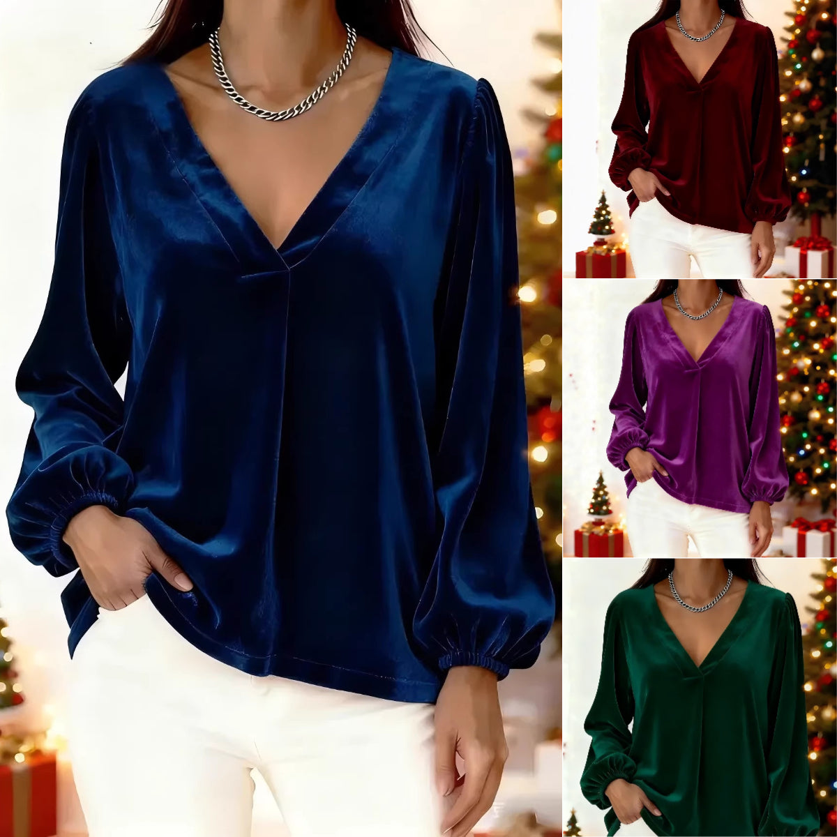 🥰🥰【M-3XL】🌺Bestsellerowy, elegancki i luksusowy T-shirt, złoty aksamitny dekolt w serek, rękawy typu lampion