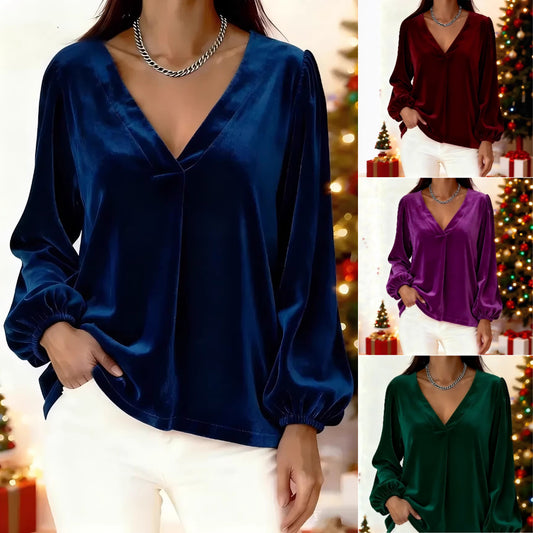 🥰🥰【M-3XL】🌺Bestsellerowy, elegancki i luksusowy T-shirt, złoty aksamitny dekolt w serek, rękawy typu lampion