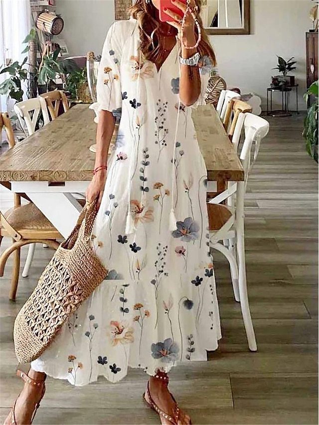 👗【S-3XL】Letní pohodlné šaty s výstřihem do V a potiskem, příjemné k pokožce, prodyšné a zeštíhlující