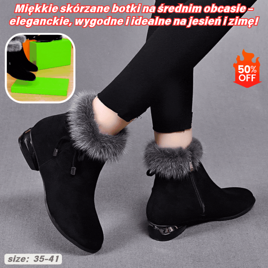 😍😍【35-41】Botines de tacón medio para mujer con punta redonda de piel suave negra.
