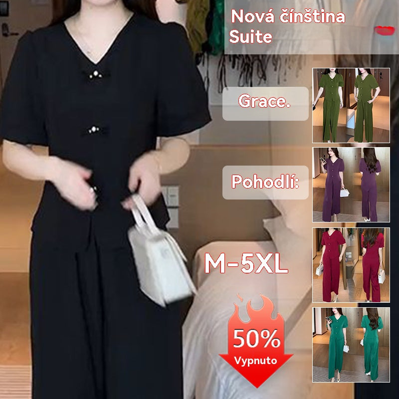 🌸【M-5XL】🔥【Top + široké kalhoty】Módní set z ledového hedvábí, přiléhavý a zeštíhlující, prodyšný a pohodlný