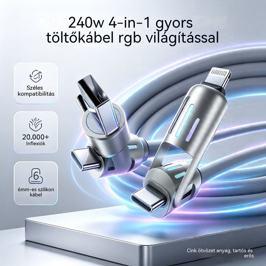 🔥【2 db csak 8700 lábért】🔥 (2 m hosszú) 4 az 1-ben PD 240W gyorstöltő kábel – Támogatja az USB-C, Lightning és USB-A gyorstöltést, alumíniumötvözetből és szilikonból készült, támogatja az adatszinkronizálást ⚡📱