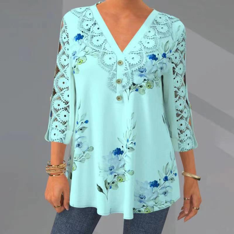 🔥【M–5XL】Elegáns csipke és sifon blúz – kivágott, 3/4-es ujjú és V-nyakú fazon