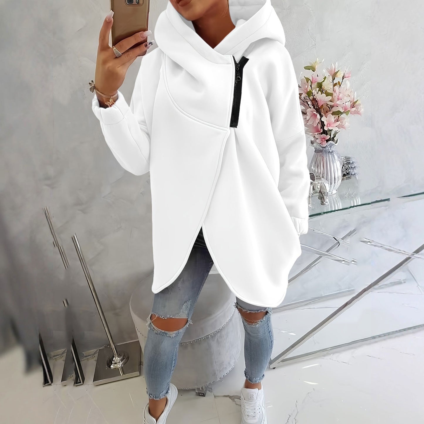 Damska bluza z długim rękawem, czarna, casualowa, z kapturem i kieszenią z przodu, zapinana na zamek