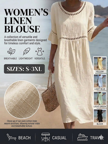 ✨【S–3XL】Ženska obleka slim kroja iz bombaža in lana, okrogel izrez, napihnjeni rokavi, zračna in mehka, udobna za nošenje