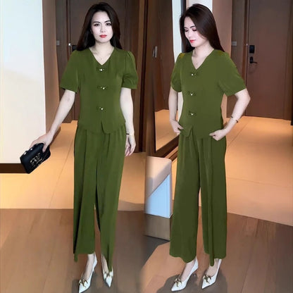 🌸【M-5XL】🔥【Top + široké kalhoty】Módní set z ledového hedvábí, přiléhavý a zeštíhlující, prodyšný a pohodlný