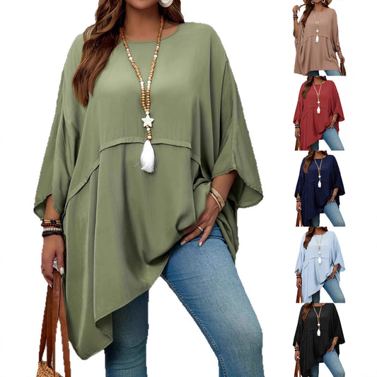 【2XL-5XL】Top casual de estilo playero, color liso, corte holgado, cuello redondo y mangas murciélago.