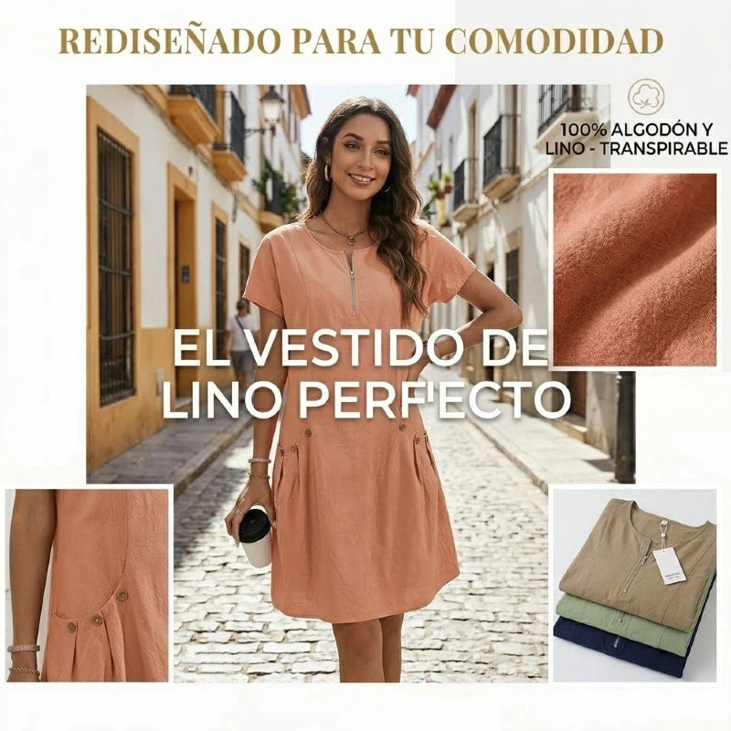 【S-5XL】Vestido casual de verano para mujer con cremallera, media tapeta con botones y doble bolsillo