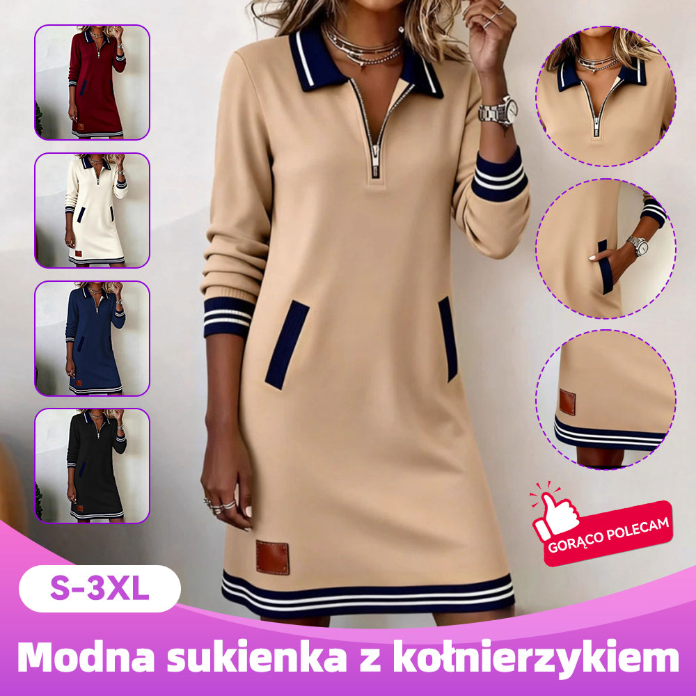 👗🎀【Płatność przy odbiorze】Nowa, zimowa, swobodna sukienka z blokami kolorów, zamkiem błyskawicznym, kołnierzykiem i kieszeniami.