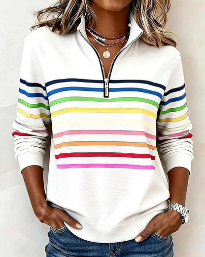 【S-5XL】😀👉Stylowa bluza w tęczowe paski z kołnierzem zapinanym na suwak