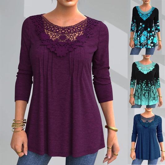 👚💕【S-5XL】Nové dámské módní tričko s dlouhým rukávem a vykrojenou krajkou