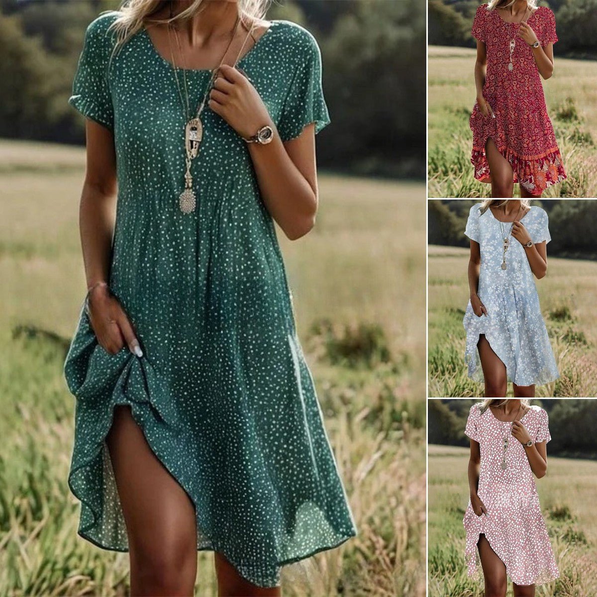 ✨👗【S-3XL】2026-es új alkalmi ruha kerek nyakkivágással, tavaszi és nyári nyomattal