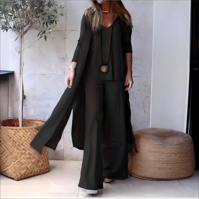 💌【S-4XL】Nuevo conjunto holgado de tres piezas de moda primaveral: pantalón recto con cuello en V + cárdigan largo