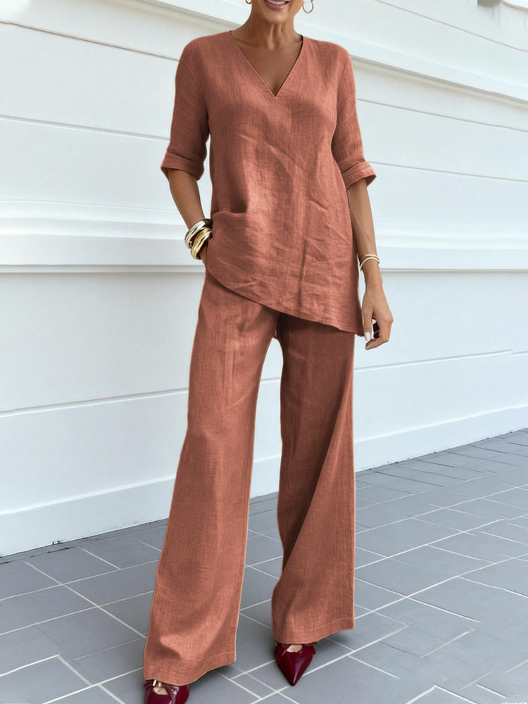 ⏳【 50% sleva 】Letní prodyšný krátký rukáv z bavlny a lnu s výstřihem do V + rovné ležérní kalhoty 【40–100 kg】✅ Podpora platby na dobírku