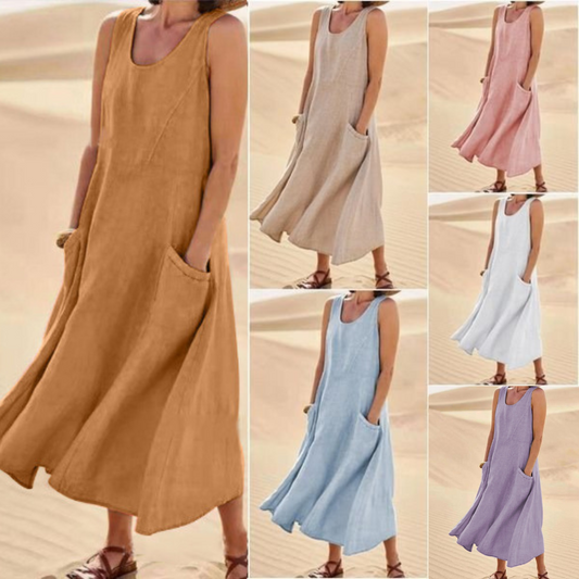 🌈👗【12 farieb, S-5XL】💖 Nové elegantné jednofarebné šaty bez rukávov s okrúhlym výstrihom z bavlny a ľanu na leto 2025.