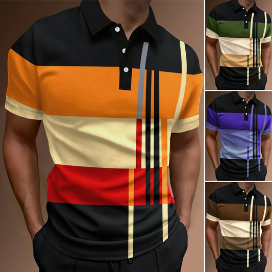 👔【S-6XL】Camisa POLO con estampado informal de bloques de color a rayas 3D para hombre