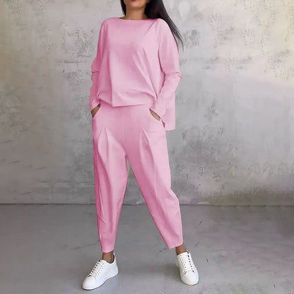 💥50% zľava časovo obmedzená💖【S-5XL】 Súprava topu s dlhým rukávom a dlhých nohavíc s okrúhlym výstrihom 