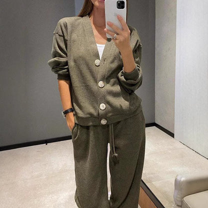 🍂【Odzież wierzchnia + spodnie】🔥【S-5XL】💕Nowy dwuczęściowy komplet, dzianinowy kardigan i spodnie zapinane na guziki, rozmiar damski