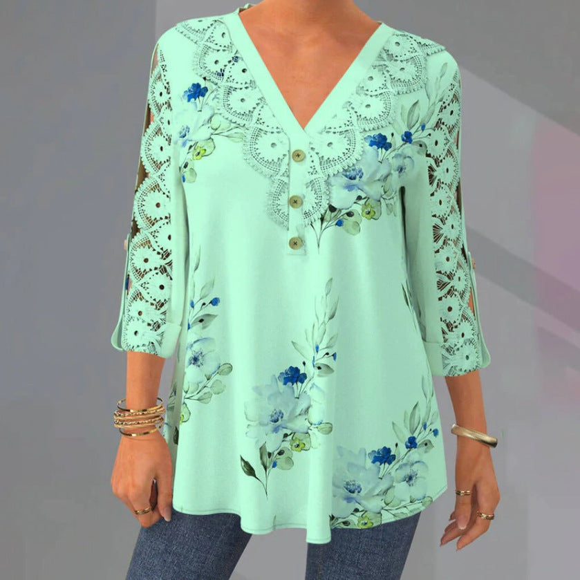 🔥【M–5XL】Elegáns csipke és sifon blúz – kivágott, 3/4-es ujjú és V-nyakú fazon