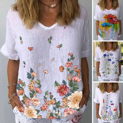 👕【S-5XL】🌈Tričko s krátkym rukávom a kvetinovou potlačou z bavlny a ľanu 